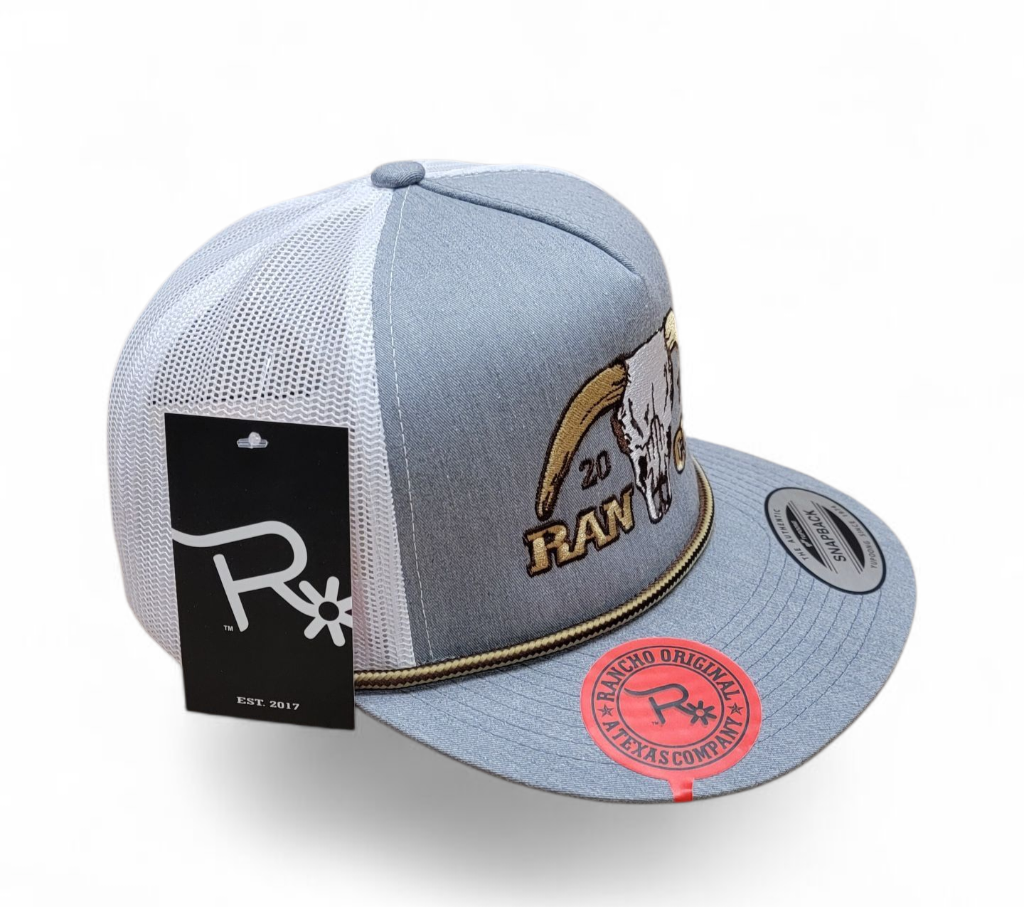 Rancho Original Hereford Bull Skull Rope Cap Embroidered in Texas Mesh Trucker Hat with Old Gold Accents Cotton Material for Western Culture Enthusiasts Classic Snapback