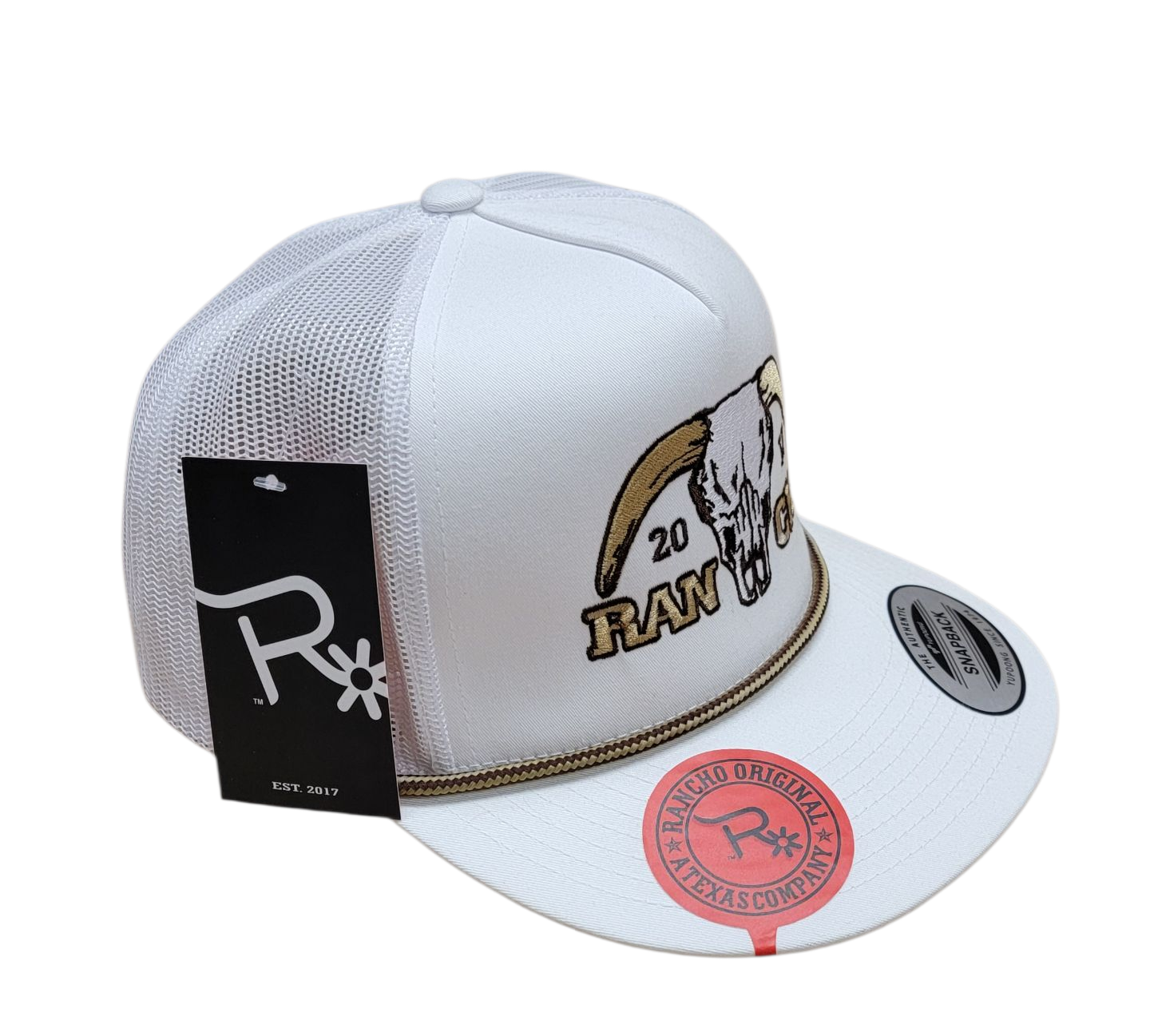 Rancho Original Hereford Bull Skull Rope Cap Embroidered in Texas Mesh Trucker Hat with Old Gold Accents Cotton Material for Western Culture Enthusiasts Classic Snapback