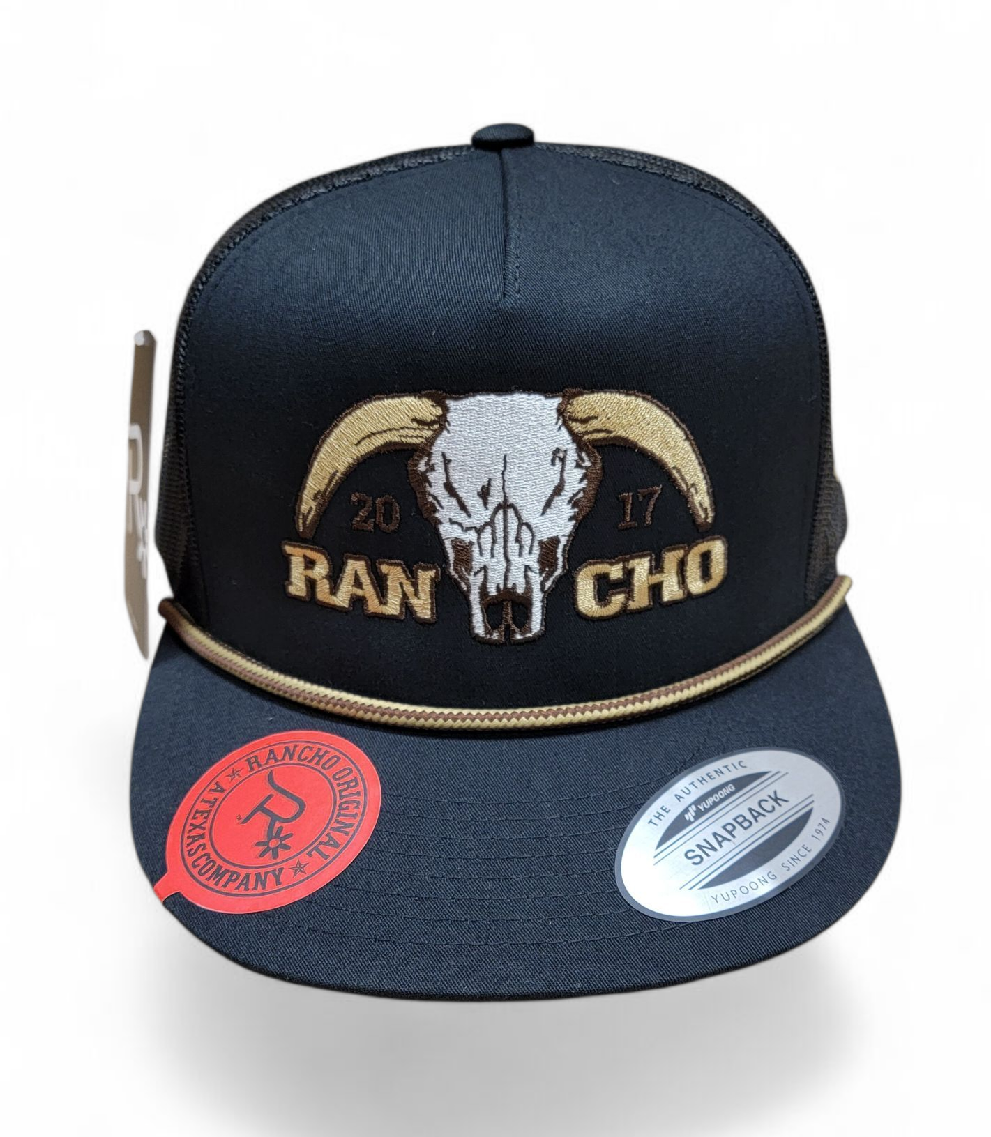 Rancho Original Hereford Bull Skull Rope Cap Embroidered in Texas Mesh Trucker Hat with Old Gold Accents Cotton Material for Western Culture Enthusiasts Classic Snapback