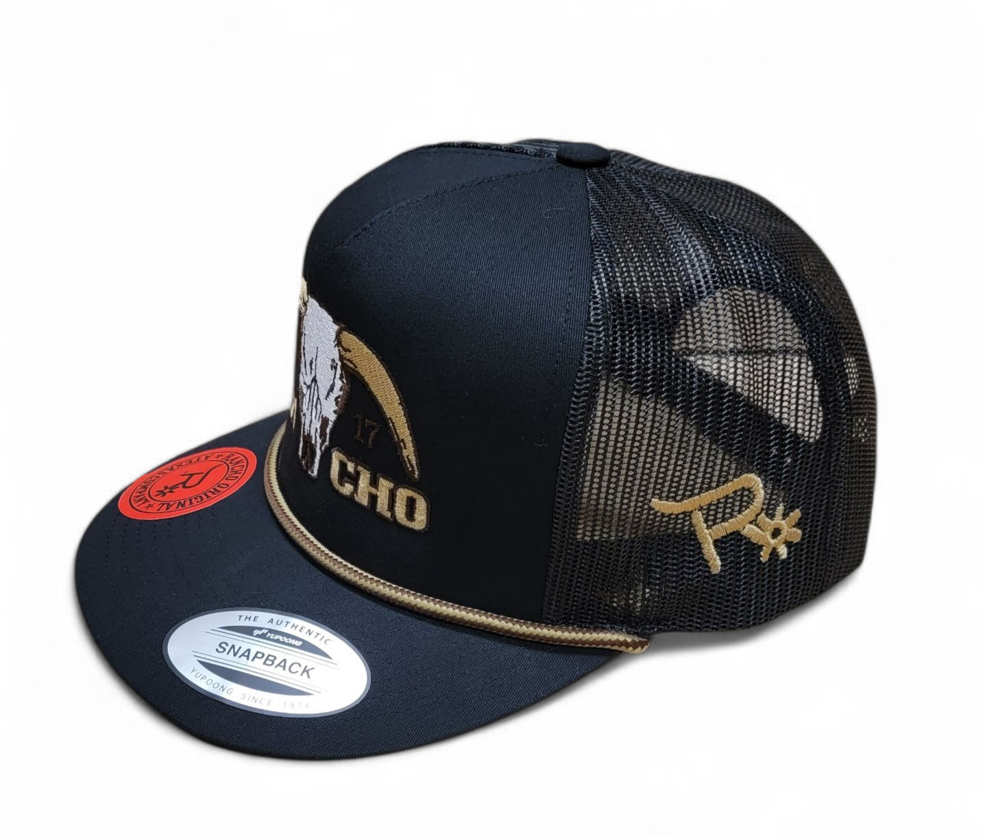 Rancho Original Hereford Bull Skull Rope Cap Embroidered in Texas Mesh Trucker Hat with Old Gold Accents Cotton Material for Western Culture Enthusiasts Classic Snapback
