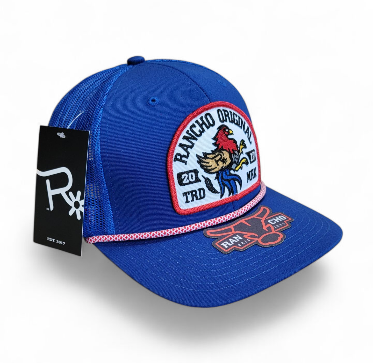 Rancho Original Gallito Western Rope Hat Blue & White Mesh Design with Colorful Rooster Logo Patch Embroidered in Texas