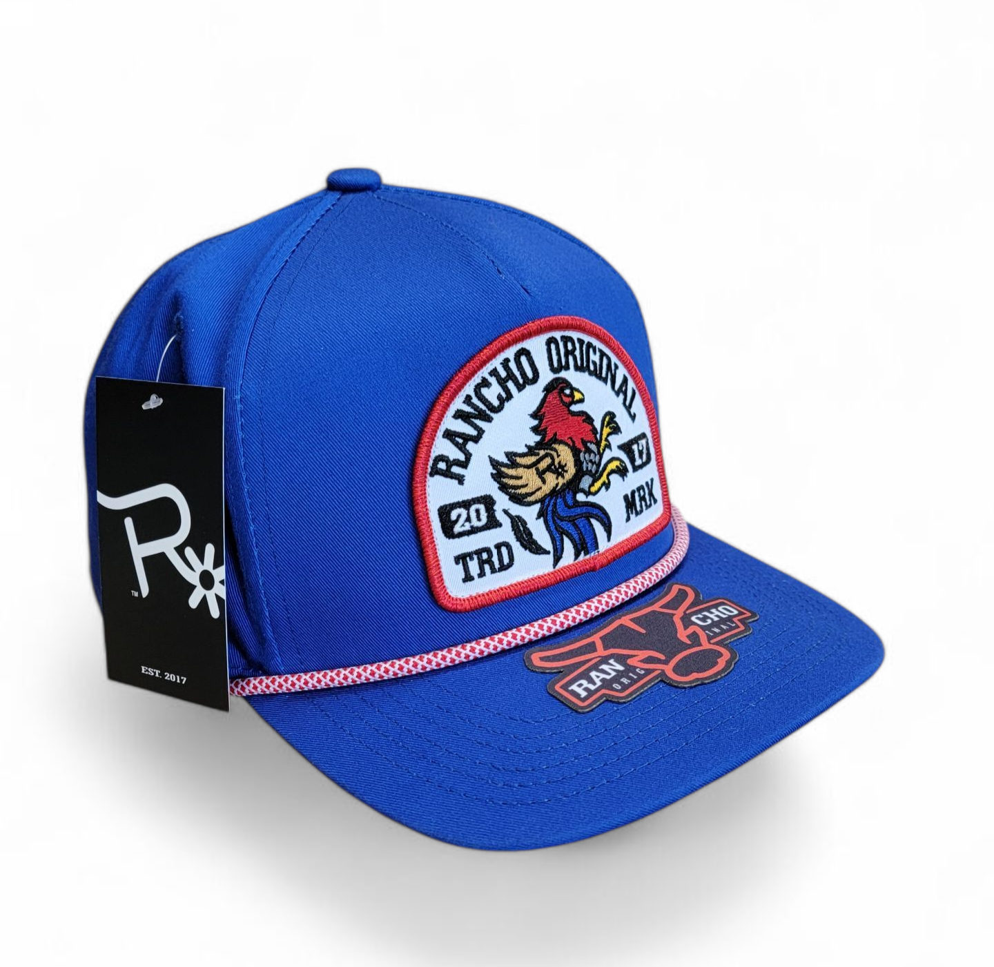 Rancho Original Gallito Western Rope Hat Blue & White Mesh Design with Colorful Rooster Logo Patch Embroidered in Texas
