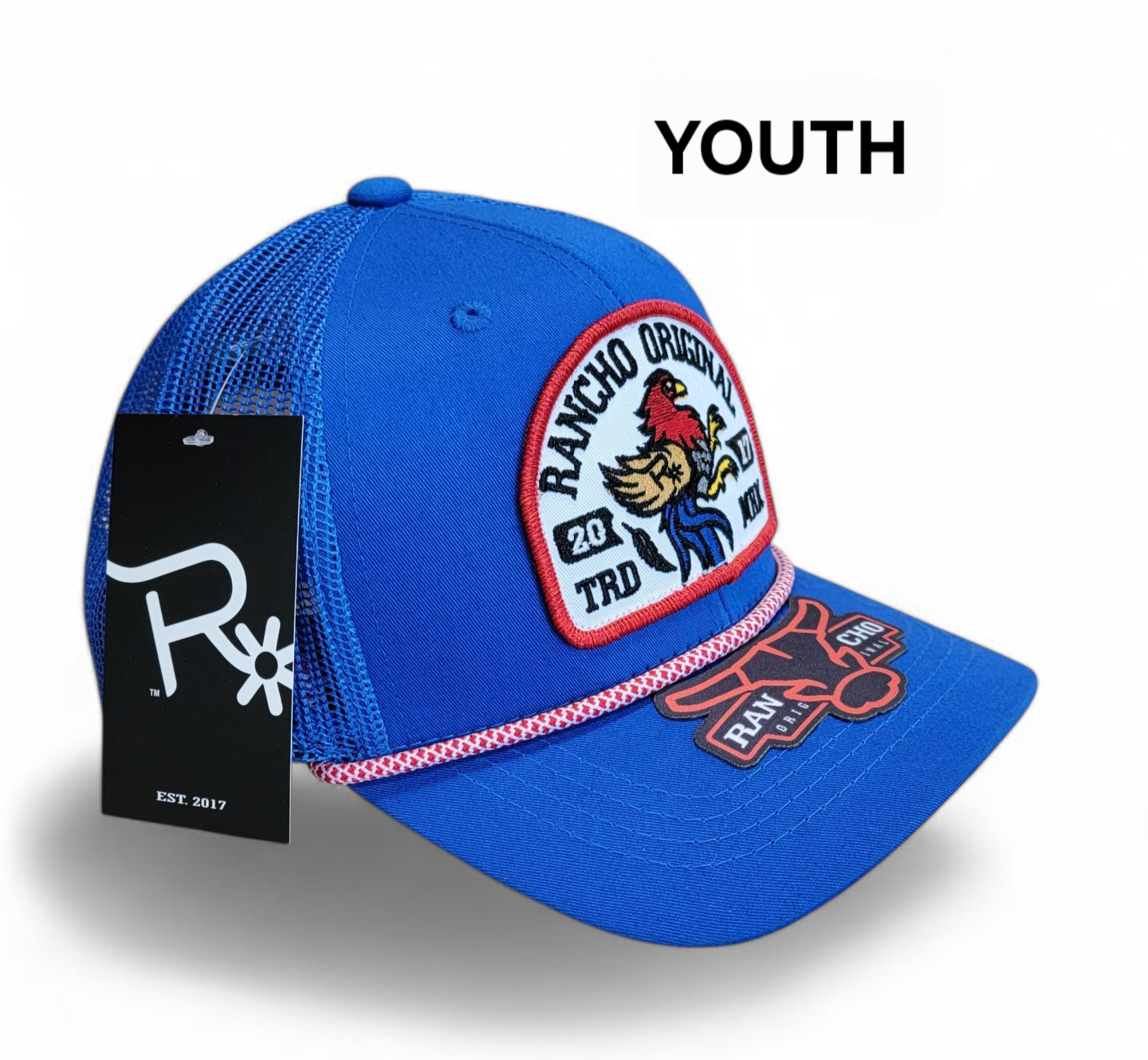 Rancho Original Gallito Western Rope Hat Blue & White Mesh Design with Colorful Rooster Logo Patch Embroidered in Texas