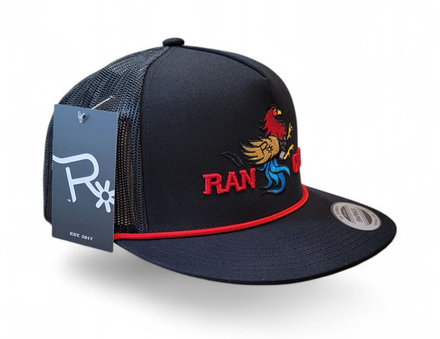 Rancho Original Western Apparel Co. Gallito Fino Rooster Hat Red and Blue Logo Design Rope Black Cotton Trucker Cap
