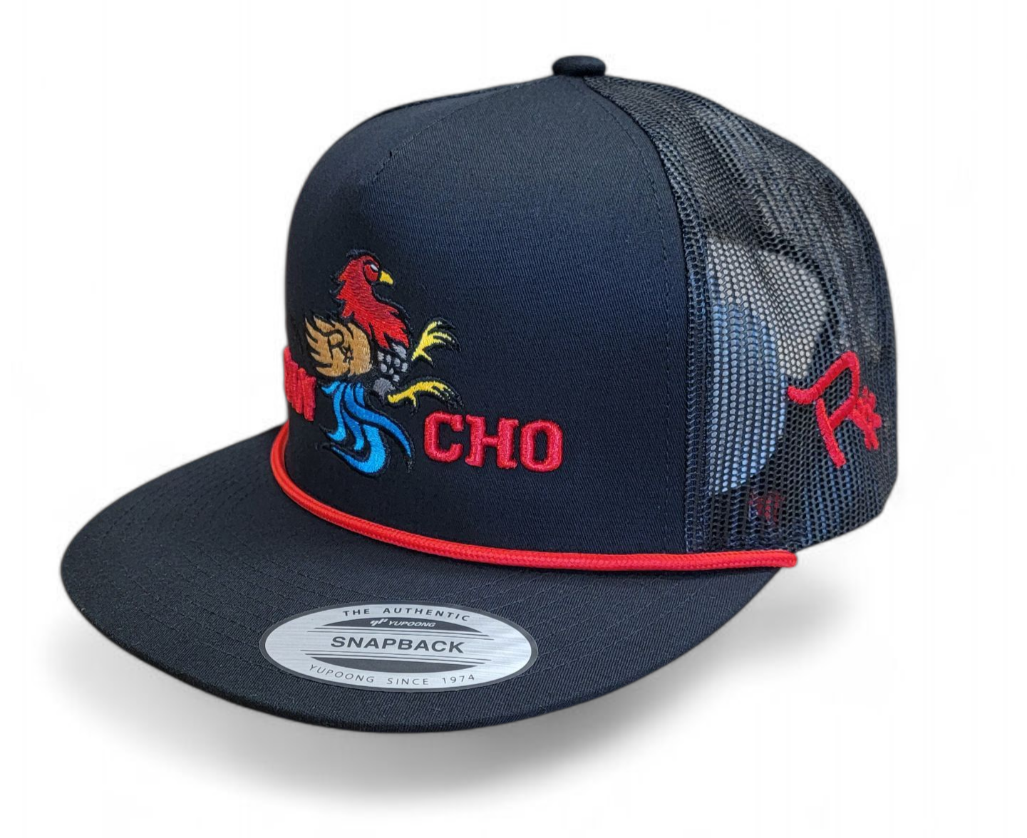 Rancho Original Western Apparel Co. Gallito Fino Rooster Hat Red and Blue Logo Design Rope Black Cotton Trucker Cap