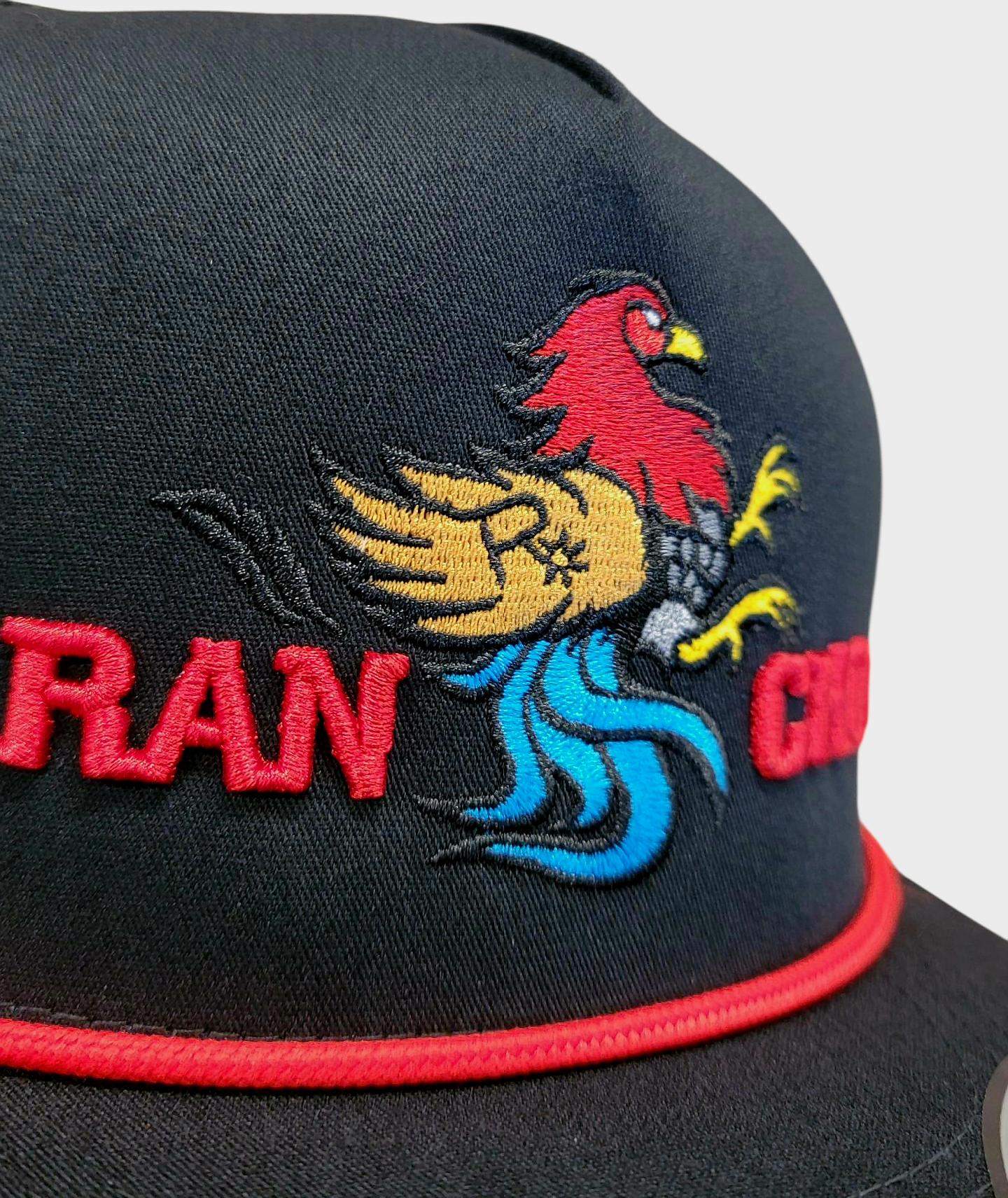 Rancho Original Western Apparel Co. Gallito Fino Rooster Hat Red and Blue Logo Design Rope Black Cotton Trucker Cap