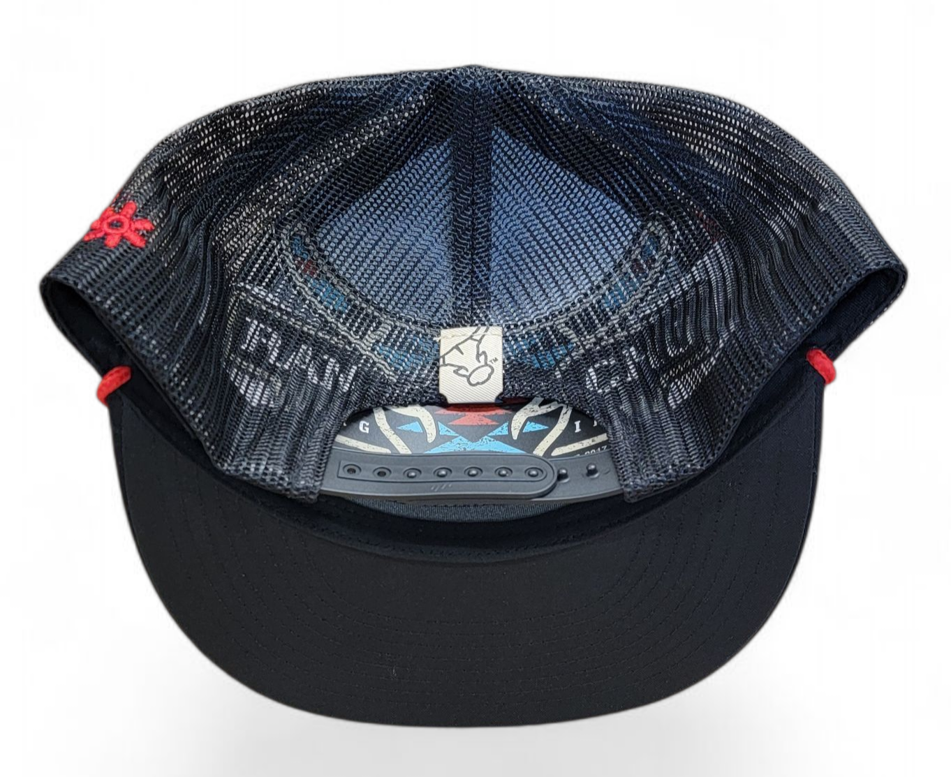 Rancho Original Western Apparel Co. Gallito Fino Rooster Hat Red and Blue Logo Design Rope Black Cotton Trucker Cap
