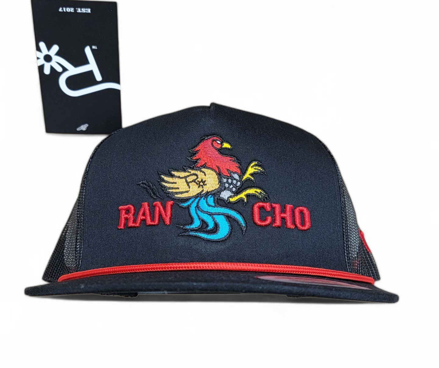 Rancho Original Western Apparel Co. Gallito Fino Rooster Hat Red and Blue Logo Design Rope Black Cotton Trucker Cap