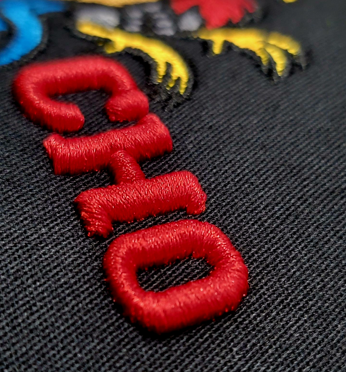 Rancho Original Western Apparel Co. Gallito Fino Rooster Hat Red and Blue Logo Design Rope Black Cotton Trucker Cap