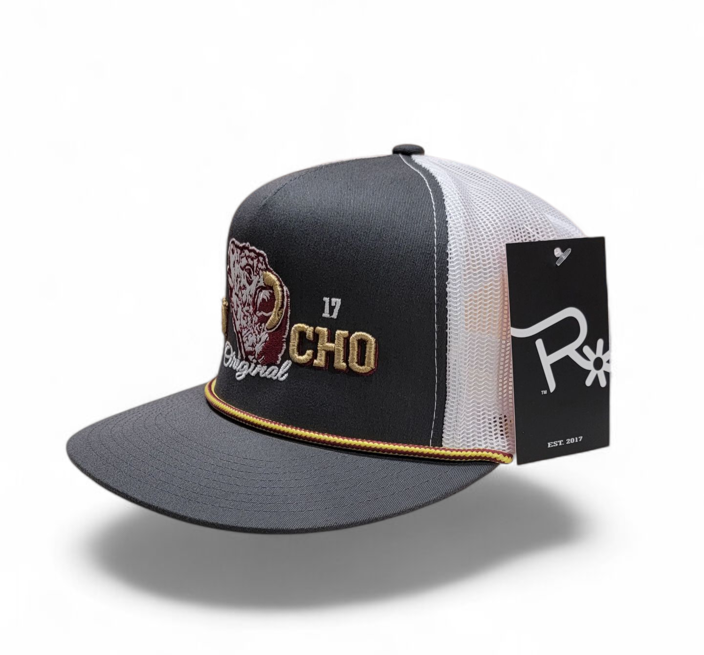 King Hereford Bull Rope Hat Rancho Original Old Gold Trim Distinctive Design with Unique Trim for Rancho Enthusiasts Classic Adjustable Snapback Closure