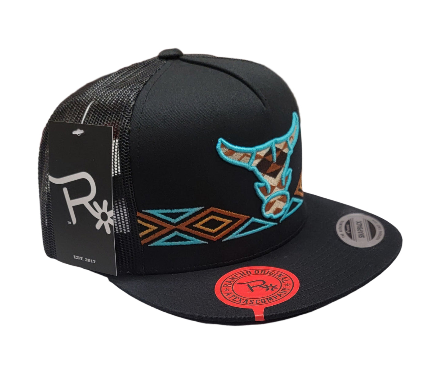 Aztec Toro Rancho Original Snap Back Hat Design & Embroidered in Texas