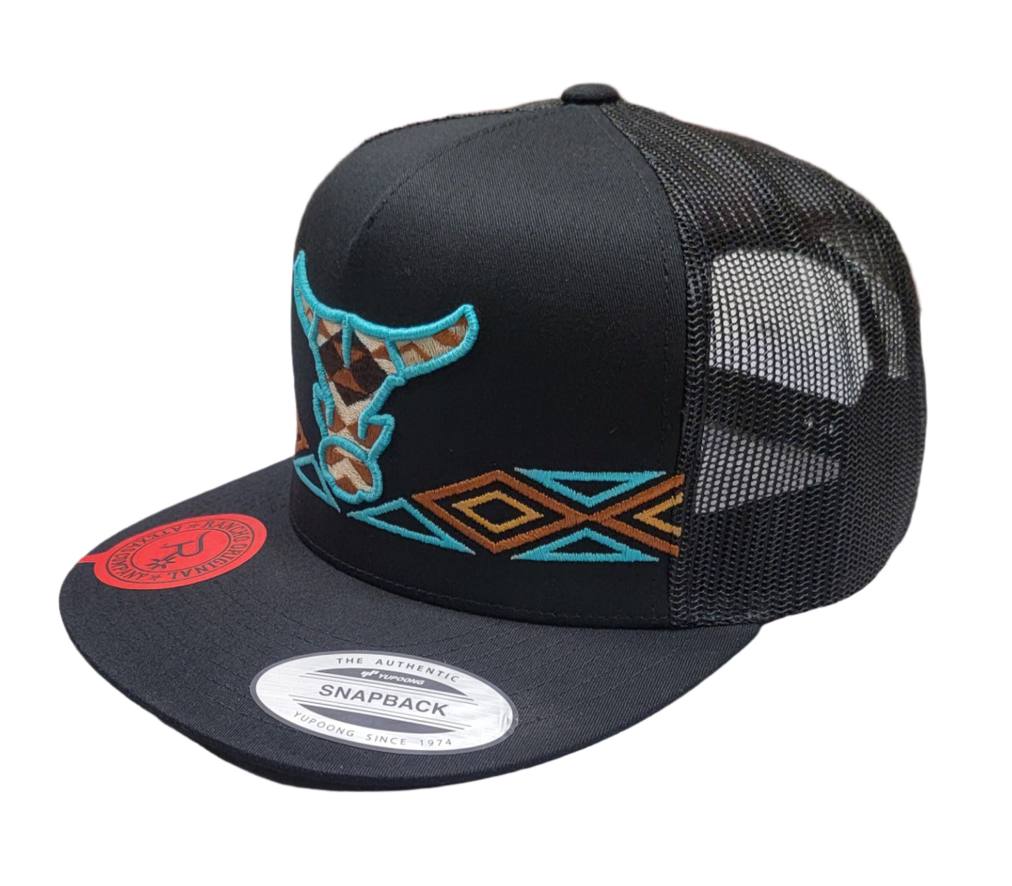 Aztec Toro Rancho Original Snap Back Hat Design & Embroidered in Texas