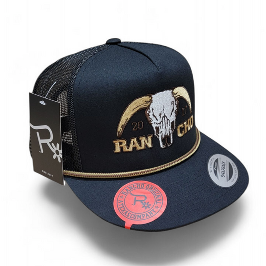 Rancho Original Hereford Bull Skull Rope Cap Embroidered in Texas Mesh Trucker Hat with Old Gold Accents Cotton Material for Western Culture Enthusiasts Classic Snapback