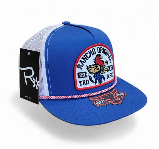 Rancho Original Gallito Western Rope Hat Blue & White Mesh Design with Colorful Rooster Logo Patch Embroidered in Texas
