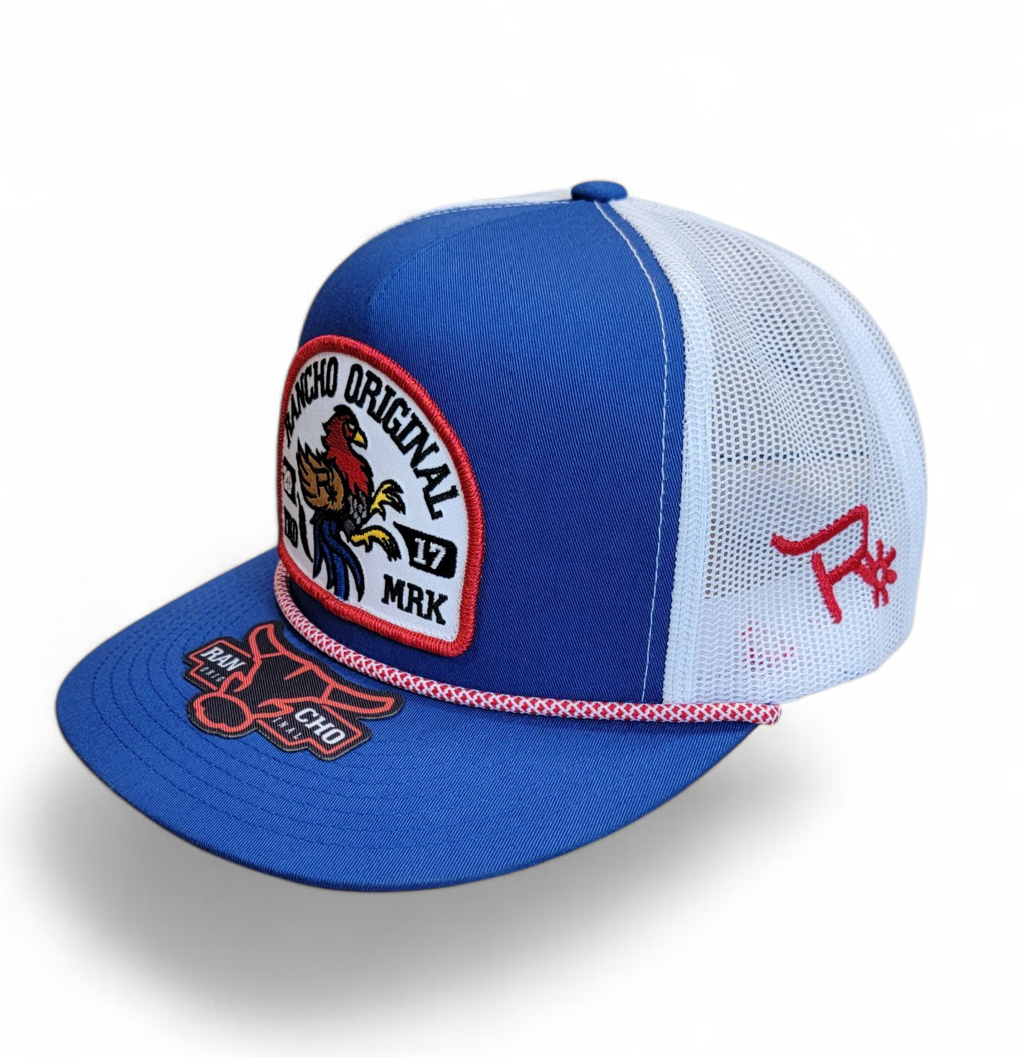 Rancho Original Gallito Western Rope Hat Blue & White Mesh Design with Colorful Rooster Logo Patch Embroidered in Texas