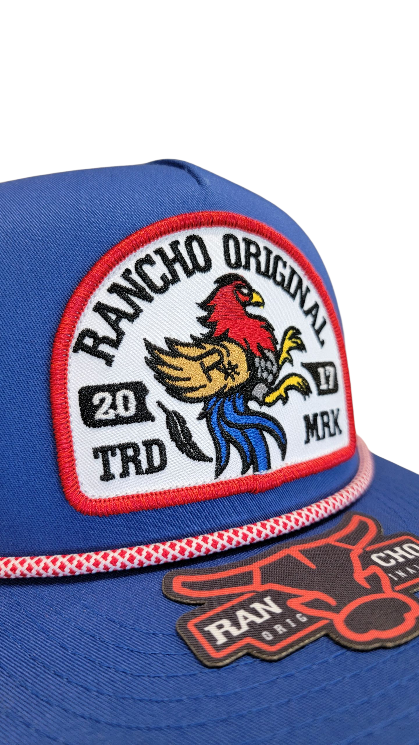 Rancho Original Gallito Western Rope Hat Blue & White Mesh Design with Colorful Rooster Logo Patch Embroidered in Texas