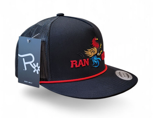 Rancho Original Western Apparel Co. Gallito Fino Rooster Hat Red and Blue Logo Design Rope Black Cotton Trucker Cap
