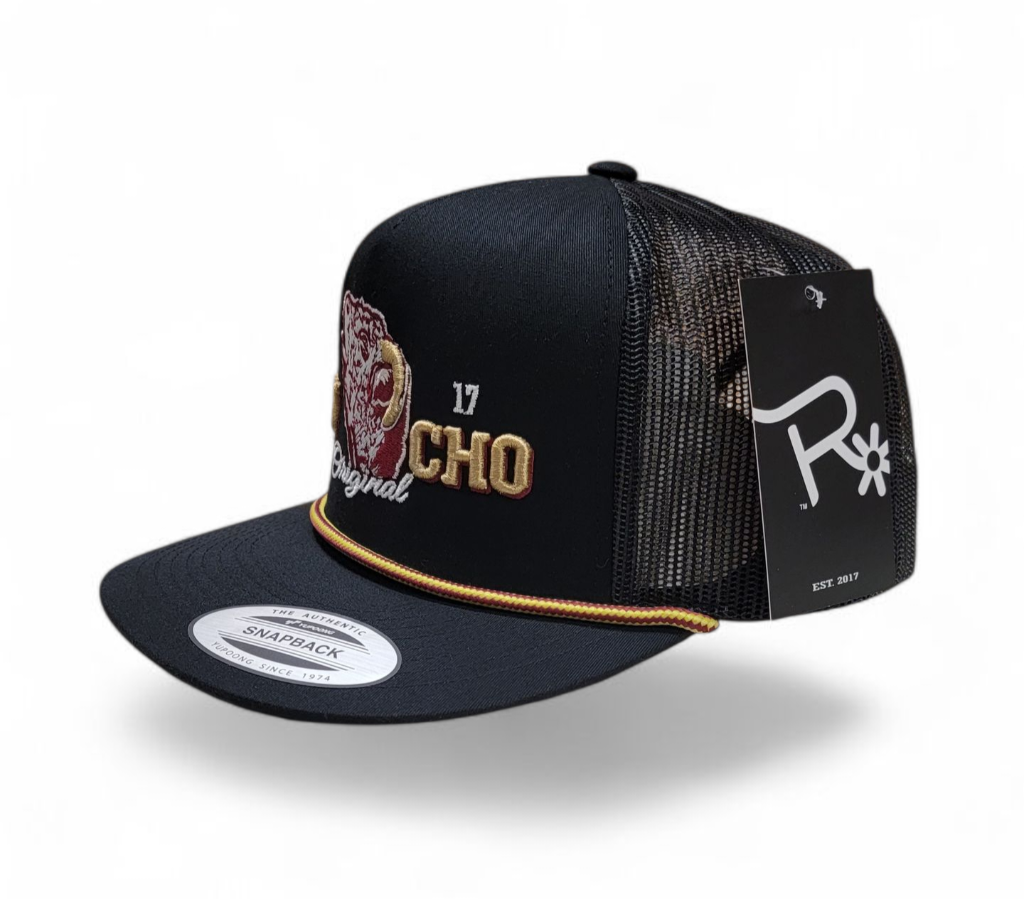 King Hereford Bull Rope Hat Rancho Original Old Gold Trim Distinctive Design with Unique Trim for Rancho Enthusiasts Classic Adjustable Snapback Closure