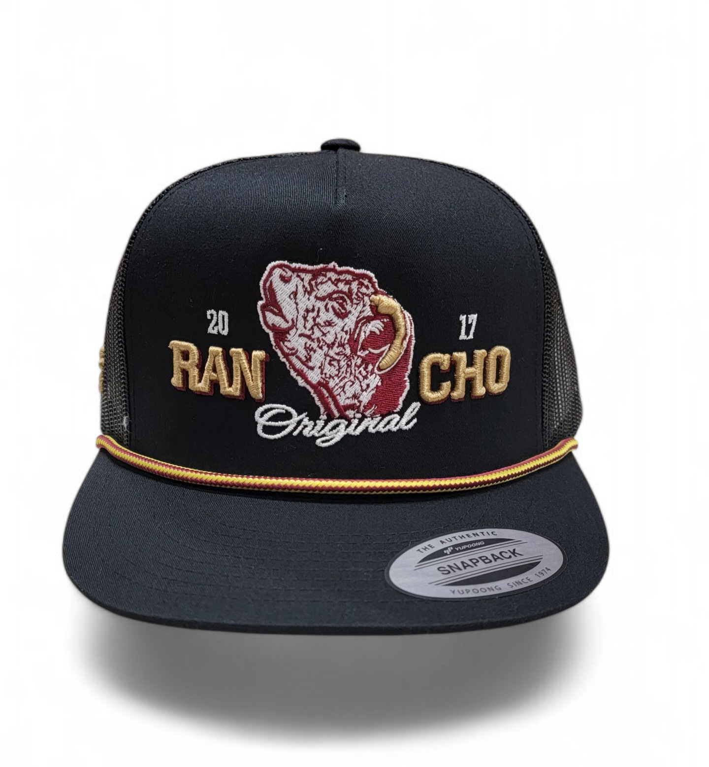 King Hereford Bull Rope Hat Rancho Original Old Gold Trim Distinctive Design with Unique Trim for Rancho Enthusiasts Classic Adjustable Snapback Closure