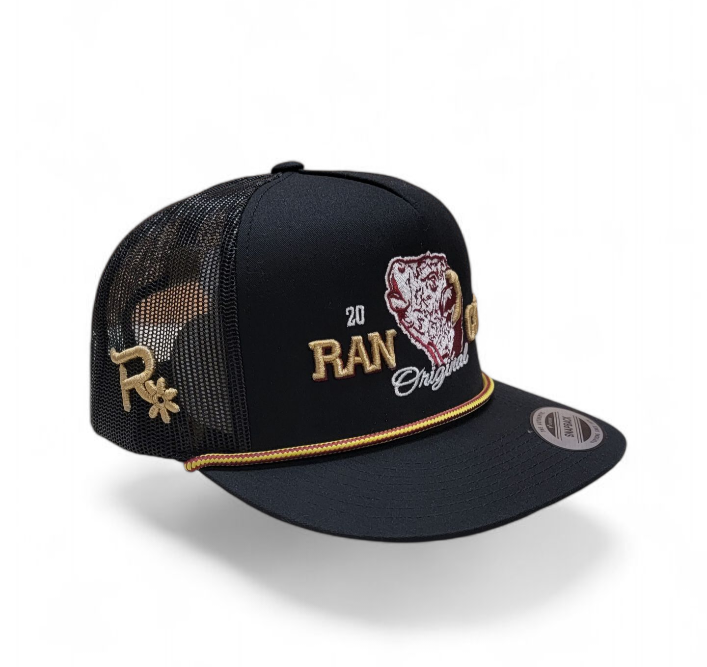 King Hereford Bull Rope Hat Rancho Original Old Gold Trim Distinctive Design with Unique Trim for Rancho Enthusiasts Classic Adjustable Snapback Closure