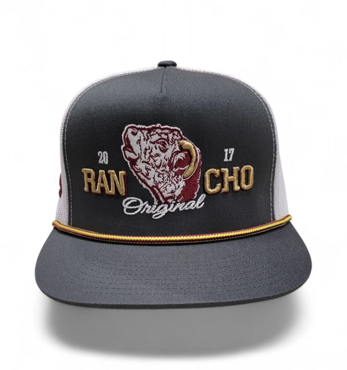 King Hereford Bull Rope Hat Rancho Original Old Gold Trim Distinctive Design with Unique Trim for Rancho Enthusiasts Classic Adjustable Snapback Closure